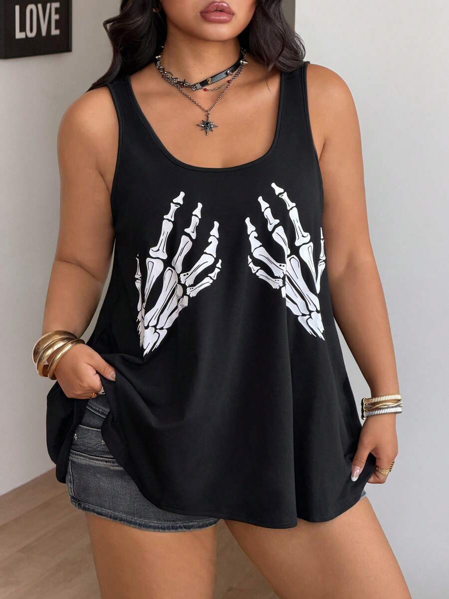 Coolane 大码无袖宽松印花背心，夏季休闲日常穿着 - 黑色 - 查看 1