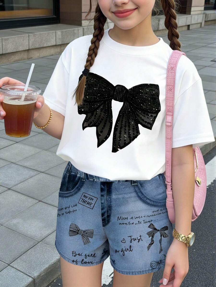 两件套少女休闲宽松圆领短袖T恤和短裤，可爱蝴蝶结字母印花套装，适合春夏日常穿着和外出。可爱T恤，少女可爱上衣，夏季女式上衣 - 彩色 - 查看 1