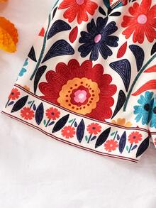 SHEIN Sparklyn 2pcs Tween Girls Orange One-Shoulder Crop Top & Tropical Leaf Print Shorts Set, Spring/Summer Holiday - Orange - View 6