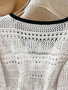 Franclia 新款纯色镂空钩编蕾丝轻薄开衫，女士百搭外套 - 黑與白 - 查看 4