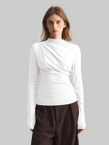 Ontre 2026春夏女士褶皱领长袖基础款T恤，都市通勤商务休闲上衣，情人节、夏季、婚礼宾客、度假等场合的优雅之选 - 白色 - 查看 3