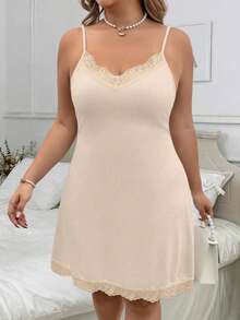 SHEIN Clasi Plus Size Summer Casual Solid Color Lace Patchwork Camisole Dress - Apricot - View 5
