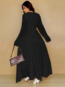 Vionelle Plus Size Solid Color Round Neck Ruffle Hem Elegant Long Sleeve Dress - Black - View 2