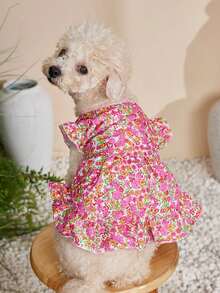 PETSIN 1件玫瑰花卉印花宠物连衣裙，轻柔透气，夏季度假风，泡泡袖设计，宠物服装 - 彩色 - 查看 12