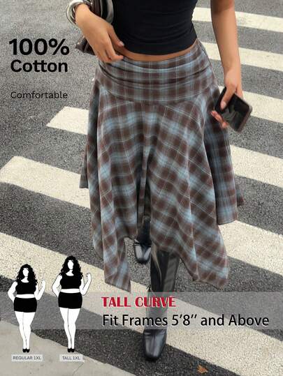 SHEIN Tall CURVE 大码女式格子腰部褶皱不对称下摆半身裙