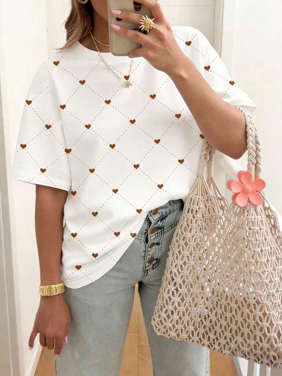 EMERY ROSE Áo thun nữ cổ tròn in hình trái tim và chấm bi, kiểu dáng thường ngày. - Nhiều màu - Xem 1