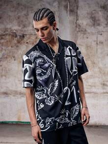 Camisa de hombre negra y blanca con estampados florales, cruciforme abstracto, rostro y pájaros - Negro - Ver 4