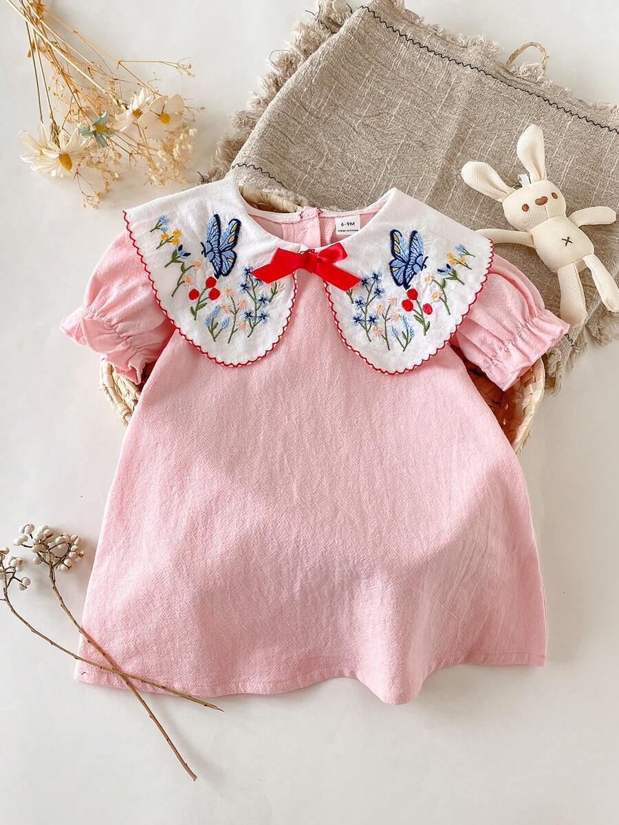SHEIN Đầm cổ Peter Pan thêu hình bướm và hoa dễ thương cho bé gái, thích hợp mặc mùa hè. - Hồng - Xem 1