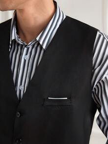 Officeau 4 扣男士西装背心韩版修身休闲马甲，轻便伴娘修身背心 - 黑色 - 查看 6