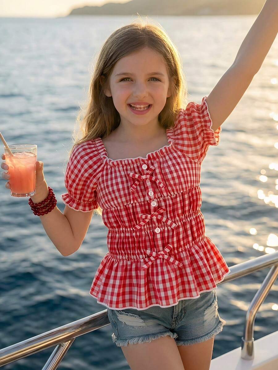 Blusa/camisa de estilo BM con cuello cuadrado, mangas abullonadas, lazo y estampado de cuadros, en estilo francés campestre, para niñas preadolescentes, para primavera/verano - Azul - Ver 1