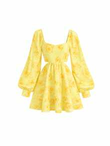 Cévolie Vestido corto de mujer con estampado floral, mangas farol y tirantes anudados en la espalda, para primavera/verano. Vestido casual y suelto con cuello cuadrado y espalda descubierta, en estilo francés elegante, adecuado para fiestas, vacaciones y compras. - Amarillo - Ver 4