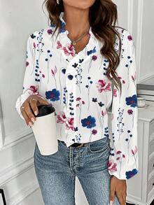 EMERY ROSE 女士长袖印花荷叶边长衬衫 - 彩色 - 查看 4