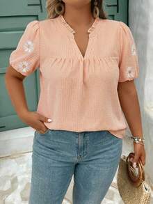 SHEIN CURVE+ Plus Size Women Striped Daisy Print Ruffle Hem Patchwork Blouse - Orange - View 4