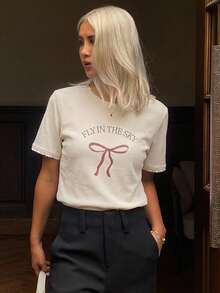 DAZY Spring New Valentine's Day Round Neck Grey Bowknot Women T-Shirt Cute Tops,Graphic Tees,Back To School Clothes Preppy Tops - Apricot - View 4