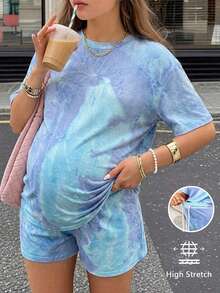 SHEIN 2件套孕妇夏季休闲扎染印花T恤和短裤套装 - 彩色 - 查看 4