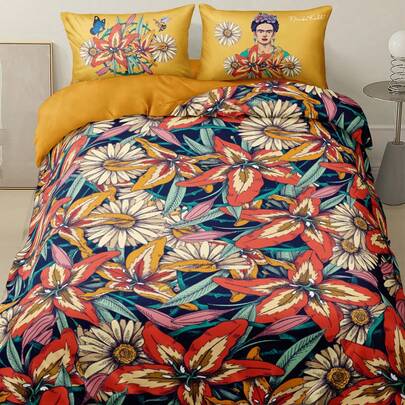 Frida Kahlo X SHEIN Bộ chăn ga gối 3 món Frida phiên bản đầy đủ, in họa tiết hoa, chất liệu nhám, mềm mại và ấm áp, nhiều kích cỡ, phù hợp cho giường đơn/giường đôi/giường cỡ Queen/giường cỡ King, có thể giặt máy.