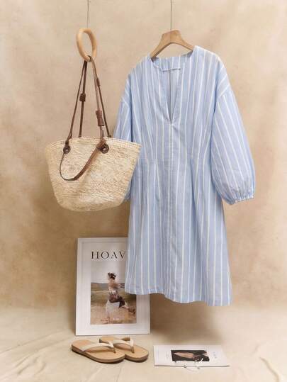 Elaquor Plus Size Women's Business Casual Outfit, Teacher Attire, Women's A-Line Blue Striped Dress, Women's Casual Commuter Striped Waist Mini Dress, Plus Size Summer Casual Wear