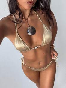 Aloruh Women's Champagne Bikini Set,Elegant Mini Triangle Cup Beaded Satin Swimsuit,White,Summer,Casual,Beach,Holiday,Vacation,Holiday Party Outfit - Champagne - View 7
