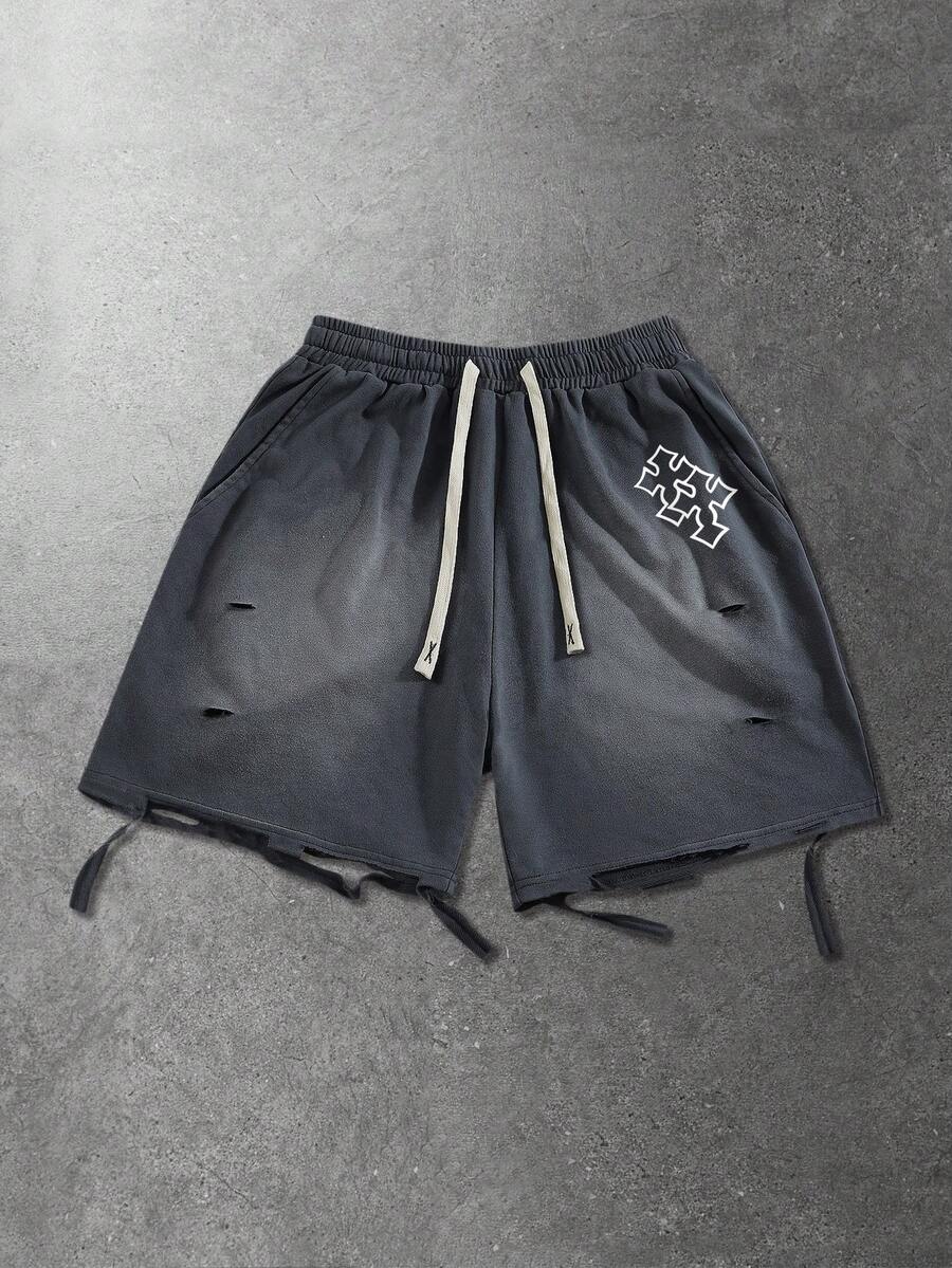 ROMWE MEN Men's Casual Cross Print Shorts For Summer - Grey - View 1