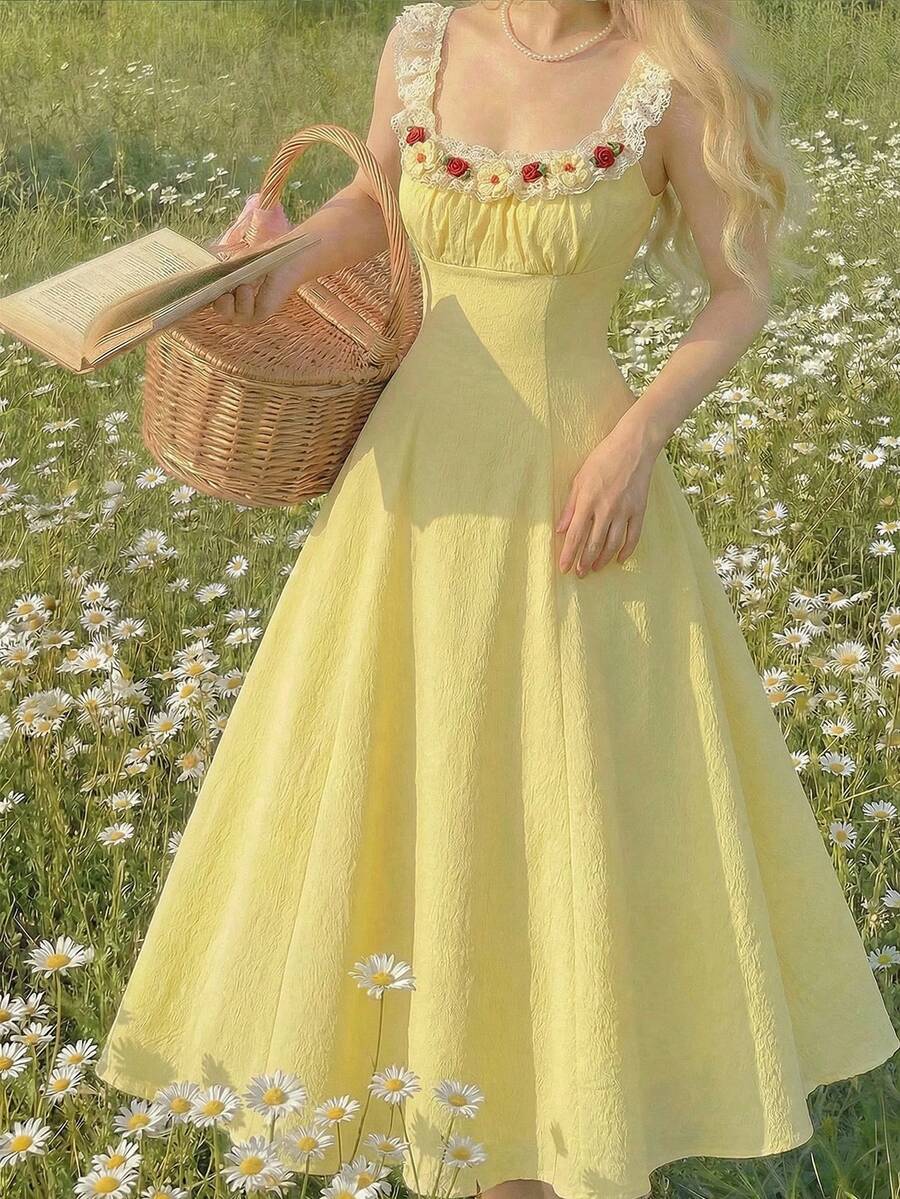 SHEIN MOD 女士优雅3D立体花卉装饰长裙，夏季 - 黃色 - 查看 1