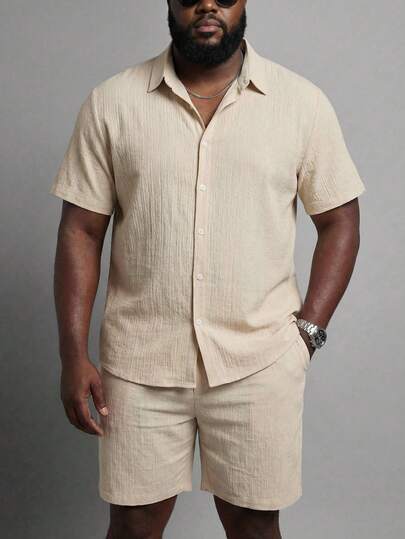 KRYTIVO بدلة رجالية من قطعتين مقاسات كبيرة ذات لون سادة بنسيج ملمس مع قميص أكمام قصيرة وشورت