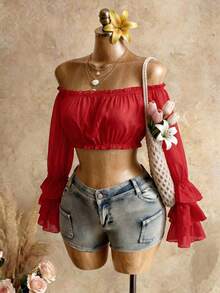 Mistrie 2026新款度假修身沙滩透明单肩褶皱夏季上衣，性感上衣 - 紅色 - 查看 3