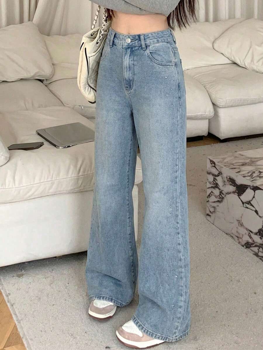 DAZY Jeans de pierna ancha casual de mujer decorados con diamante de imitación - Azul - Ver 1
