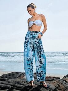 Femmeiva Quần ống loe họa tiết da báo dành cho kỳ nghỉ biển - Màu xanh lam - Xem 4