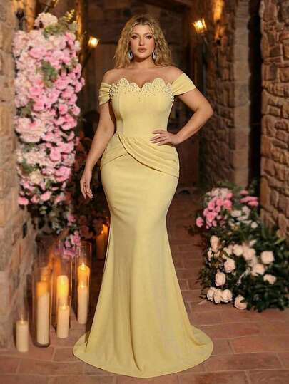 Elitara Vestido elegante y romántico de talla grande con cuello asimétrico, hombros abiertos, cintura fruncida y bajo de sirena, adecuado para bodas, fiestas, celebraciones y eventos formales, para novia y dama de honor