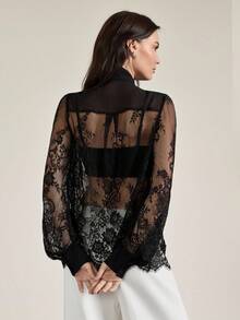 Briarwyn Women's Floral Lace Collar Twist Front Long Sleeve Fashionable Blouse,Summer Outfits For Women,Summer Holiday Outfits ,Valentine's Day,Beach Vacation Outfits For Women,Going Out Outfits,Festival Outfits For Women,Country Concert Outfit,Casual Blouses For Women,Luxury Elegant Top,Black Top - Black - View 5