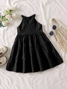 SHEIN Vintaside Kids 女童夏季休闲纯色吊带连衣裙 - 黑色 - 查看 2