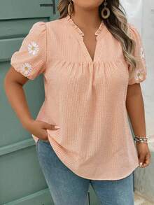 SHEIN CURVE+ Plus Size Women Striped Daisy Print Ruffle Hem Patchwork Blouse - Orange - View 3