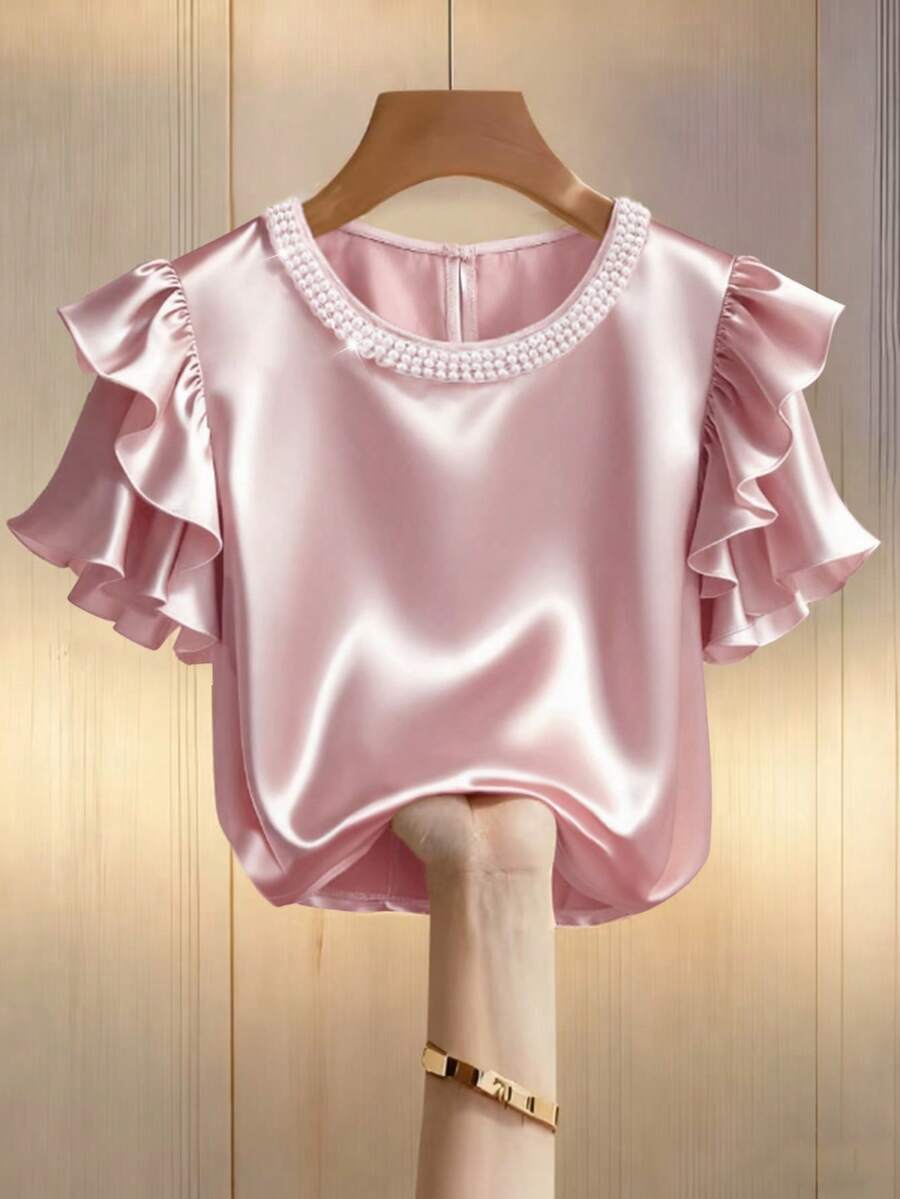 SHEIN Franclia 女士优雅褶皱短袖上衣，饰以珍珠，面料闪亮，适合外出和约会，春秋季穿着。 - 粉色 - 查看 1