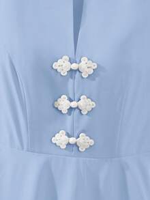 SHEIN Franclia 女士优雅纯色纽扣装饰短袖连衣裙 - 淺藍色 - 查看 4