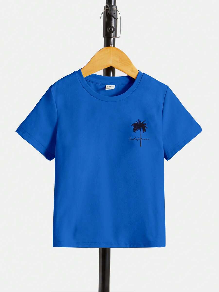 SHEIN Camisa casual de manga corta suelta y cómoda para niño joven con patrón de árbol de coco, versátil - Azul - Ver 1