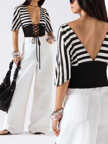 LYSMO 2026 New Arrive Minimalism Spring/Summer Women's Sexy Striped Patchwork Criss-Cross Tie Front T-Shirt, Summer - Black and White - View 8