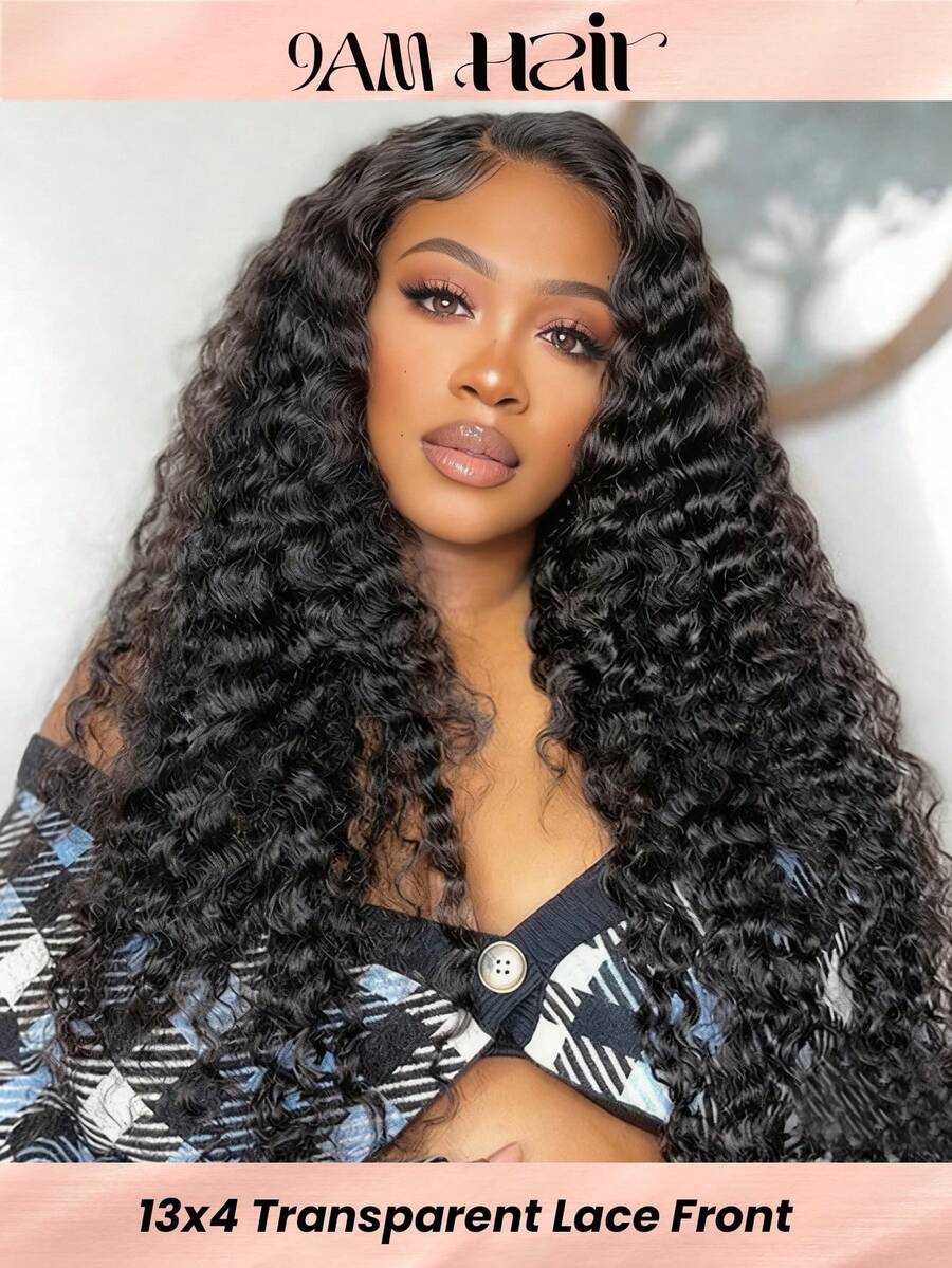 Peruca de cabelo humano com ondas profundas e frente de renda 13x4, com renda transparente, peruca encaracolada de cabelo humano com densidade de 180%, peruca de cabelo humano pré-arrancada com cabelo de bebê, na cor preto natural - Natural Black - Visão 1