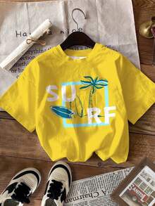 SHEIN Áo thun đơn giản, thoải mái cho bé trai, thích hợp cho mùa xuân/hè, kiểu dáng nghỉ dưỡng với họa tiết cây dừa và chữ in. - Nhiều màu - Xem 3