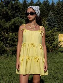 MainGRL Sweet Cute Yellow Tiered Spaghetti Strap Mini Dress With Bowknot Details, Boho Easter Vacation Summer Outfit For Women Ruffle Vacation Festival Outfits Women Dress Easter Dress Women,Summer Dresses For Women - Yellow - View 3