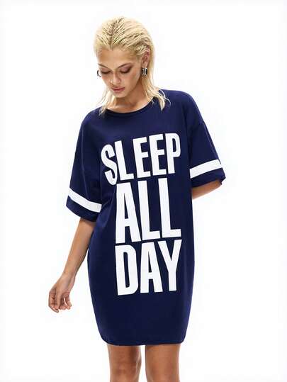 Slogan Graphic Drop Shoulder Pajama Nightdress