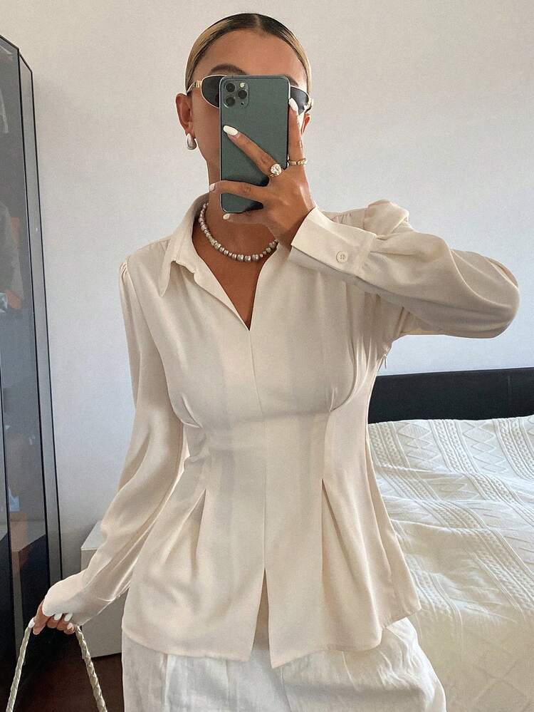 Women's Solid Color Fitted Waist Flared Hem Long Sleeve Formal Elegant Blouse For Summer