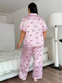Napfluff CURVE Napfluff CURVE Pink Striped Bow Print Lapel Cardigan & Pants Plus Size Pajama Set - Pink - View 2