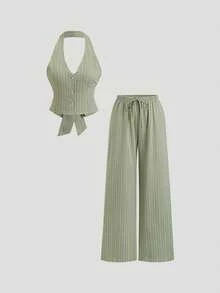 Sweetra Women's Casual 2-Piece Set, Minimalist Vertical Striped Sleeveless Tank Top And Flowy Wide Leg Pants, Commuter-Friendly, Suitable For Daily Wear, Spring/Summer - Green - View 8