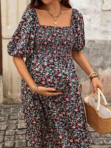 Boho Mama Maternity Black Summer Casual Floral Print Puff Sleeve Bohemian Style Dress,Holiday Photoshoot Pregnancy Outfits,Bump Friendly Breastfeeding Dresses - Red - View 3