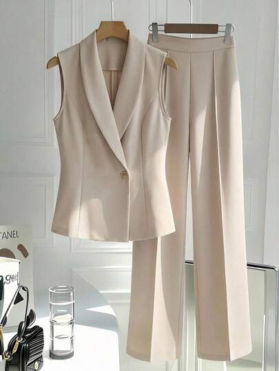 EMERY ROSE Damski jednorzędowy garnitur z kołnierzem szalowym i szerokimi nogawkami, w jednolitym kolorze, z eleganckim kołnierzem i szerokimi spodniami