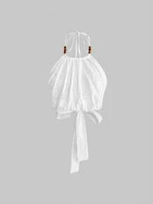 ROMWE Y2K Bộ đồ 2 món gợi cảm cho kỳ nghỉ lãng mạn: Váy dệt kim jacquard màu trắng hở lưng, dây buộc, vạt bất đối xứng dành cho nữ. - trắng - Xem 14