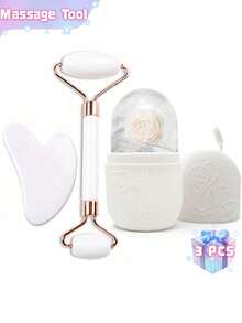 3pcs Ice Massage Roller Set - Facial Cooling Massage Roller, Facial Massage Tool, Silicone Ice Massage Roller, Roller Massager With Gua Sha Board, For Relieving Facial & Eye Puffiness, Facial Massager, Contour Shaping, Skin Care And Glow, Suitable For Eyes, Neck And Face, Ice Massage Roller Mold Cube - Skincare Tools - White - View 1
