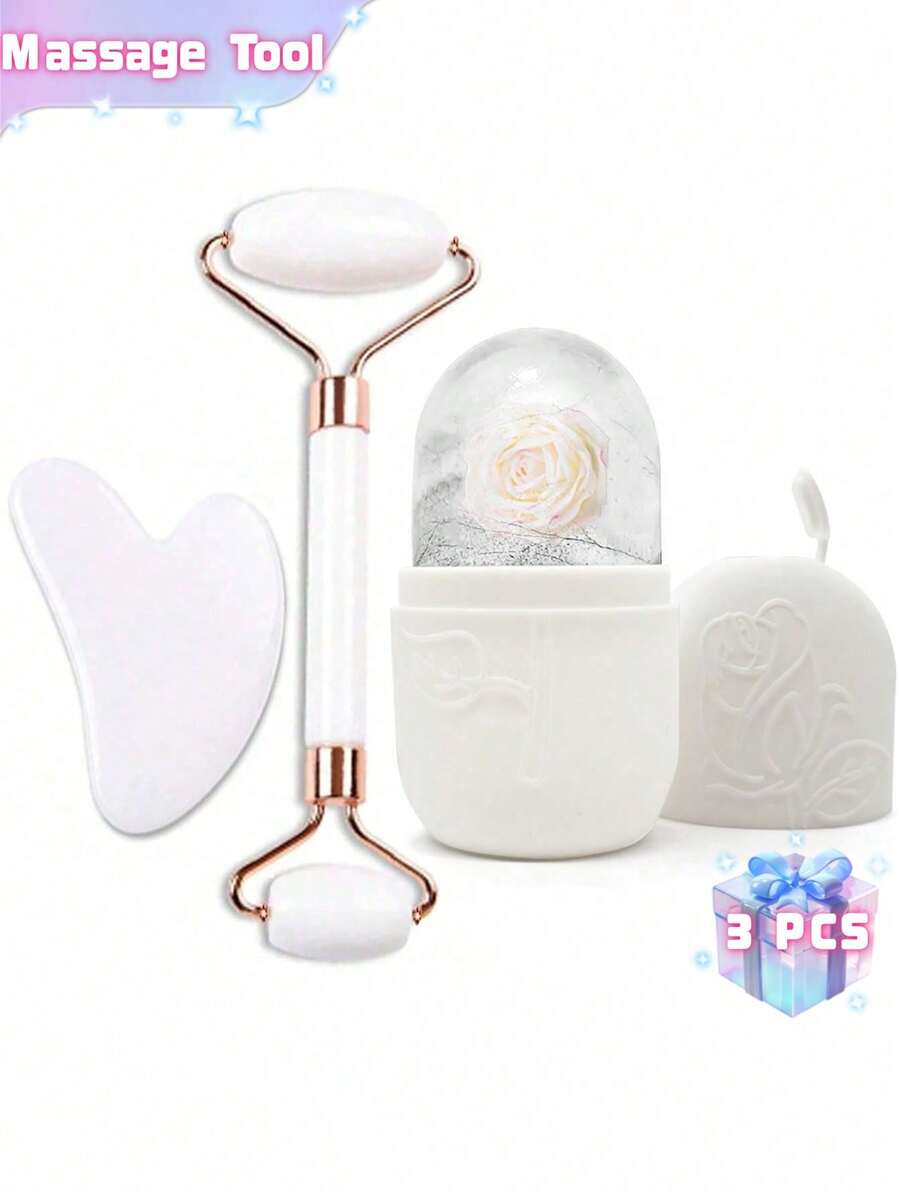 3pcs Ice Massage Roller Set - Facial Cooling Massage Roller, Facial Massage Tool, Silicone Ice Massage Roller, Roller Massager With Gua Sha Board, For Relieving Facial & Eye Puffiness, Facial Massager, Contour Shaping, Skin Care And Glow, Suitable For Eyes, Neck And Face, Ice Massage Roller Mold Cube - Skincare Tools - White - View 1
