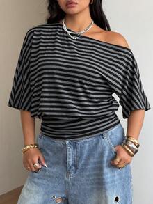Coolane Women's  Plus Size Summer Outfits Oversized Inclusive Sizing Holiday Outfits Black Stripe Casual Slash Shoulder Asymmetrical T-Shirt Plus Size Waist-Defining Top, Figure-Flattering Fit - Black - View 4