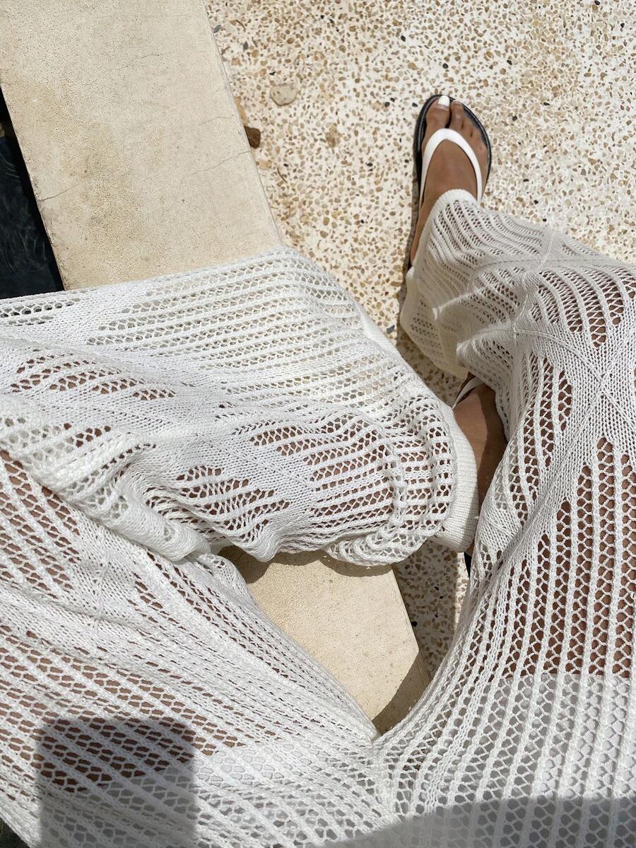 Livesso Pantalones anchos de uso diario de verano para mujer, de unicolor y con diseño hueco, versátiles y casuales - Blanco - Ver 1
